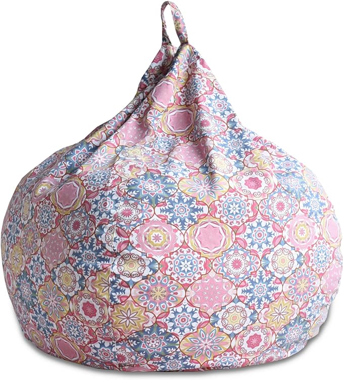 YuppieLife Kids Storage Bean Bag Cover（No Filling） Toy Organizer|Carrying Handle Sofa|Available for Kids and Teenager|Cuddle Chair|Machine Washable and Durable（27“,Pink Flowers） - LeafyLoom