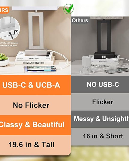 Nightstand Table Lamps for Bedrooms Set of 2 - Touch Bedside Lamp with USB C+A, 3 Way Dimmable Living Room Lamps for End Tables Set of 2, Modern Night Stand Lamps for Bed Side(White&Silver) - LeafyLoom