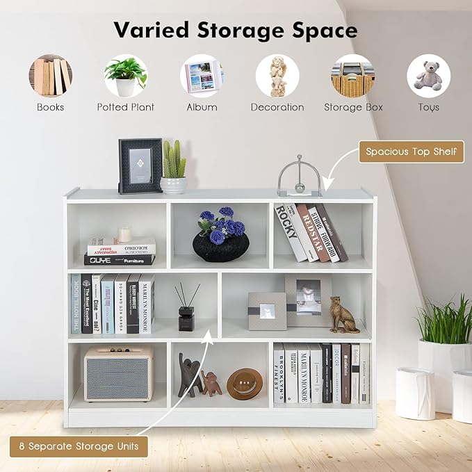 Giantex Wood 8 Cube Bookcase, Open Freestanding 3-Tier Bookshelf, Multipurpose Display Shelf for Living Room, Bedroom, Children's Playroom, Reading Room - LeafyLoom