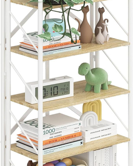 JSB No Assembly Folding Bookshelf, 5 Tier Industrial Metal Book Shelf for Storage, Vintage Wood foldable Bookcase for Living Room, Bedroom, Office Organization Shelves - LeafyLoom