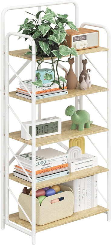 JSB No Assembly Folding Bookshelf, 5 Tier Industrial Metal Book Shelf for Storage, Vintage Wood foldable Bookcase for Living Room, Bedroom, Office Organization Shelves - LeafyLoom