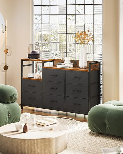 ODK Dresser with Charging Station, 52-Inch Long Dresser TV Stand for Bedroom, Large Dresser with 8 Storage Drawers, Chest of Drawers Easy-Pull Fabric Dressers for Living Room, Vintage and Black - LeafyLoom