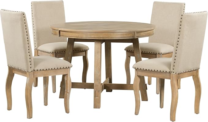 5-Piece Dinette Sets Round Extendable Kitchen Dining Table, 4 Upholstered Chairs, for Diningroom Living Room, Easy to Assemble, Natural Wood Wash 1 - LeafyLoom