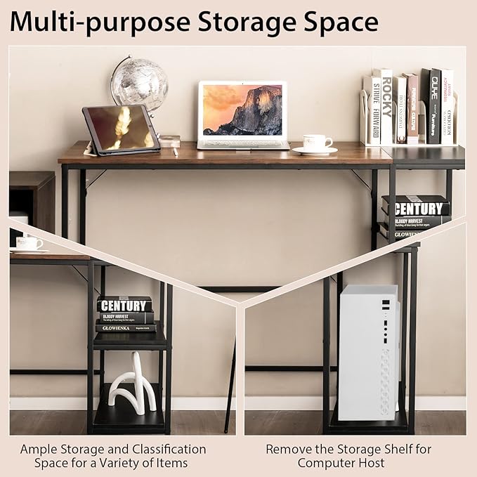 Multifunctional Computer Desk, Industrial Study Writing Desk w/Removable Storage Shelf, Heavy-Duty Metal Frame, 55 Inch Desk for Home Office, Gaming Room, Bedroom (Rustic Brown) - LeafyLoom