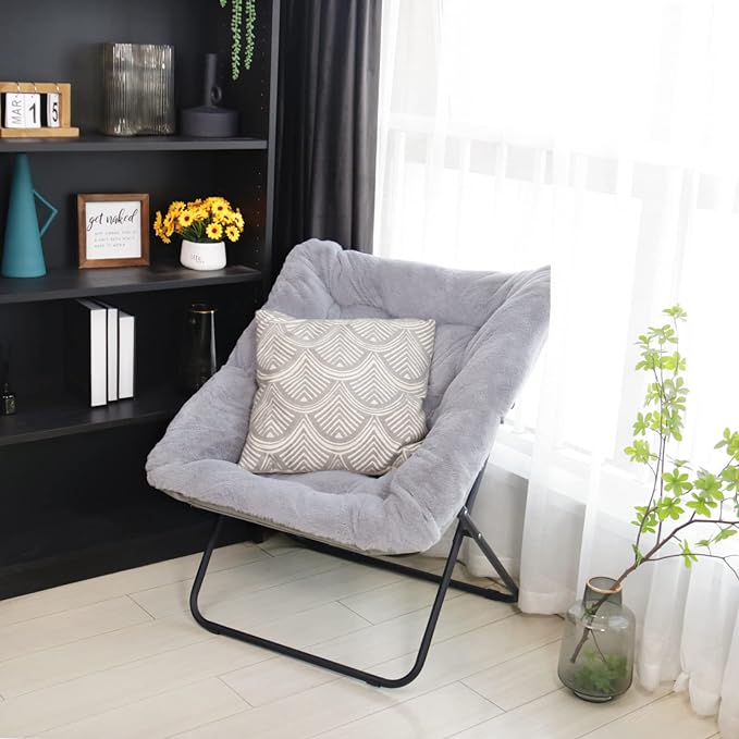 Tiita Comfy Saucer Chair, Soft Faux Fur Oversized Folding Accent Chair, Lounge Lazy Chair for Kids Teens Adults, Metal Frame Moon Chair for Bedroom, Living Room, Dorm Rooms, X-Large, Grey - LeafyLoom