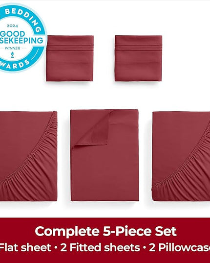 Mellanni Extra Deep Split King Sheets - 5 PC Iconic Collection Bedding Sheets & Pillowcases - Hotel Luxury, Ultra Soft, Cooling Bed Sheets - Extra Deep Pocket up to 21 inch (Split King, Brick Red) - LeafyLoom