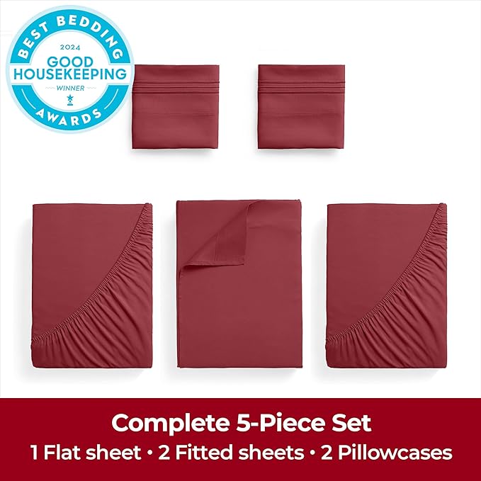 Mellanni Extra Deep Split King Sheets - 5 PC Iconic Collection Bedding Sheets & Pillowcases - Hotel Luxury, Ultra Soft, Cooling Bed Sheets - Extra Deep Pocket up to 21 inch (Split King, Brick Red) - LeafyLoom