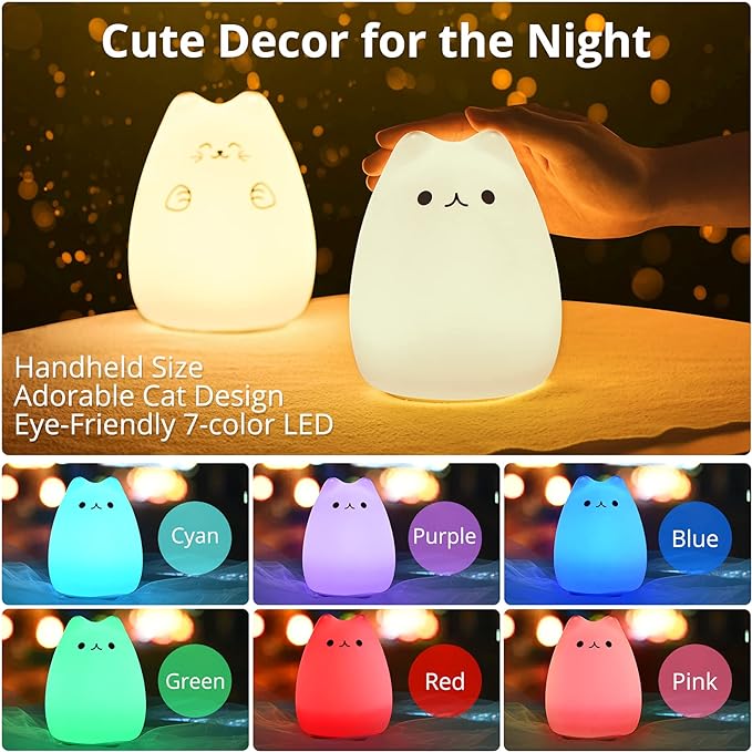 GoLine Cat Lamp Kids Night Light Gifts for 3 4 5 Year Old Girls Teen Girls,Kawaii Kitty Baby Nursery Lamp for Bedroom,AAA Battery Charge(Not Including) - LeafyLoom