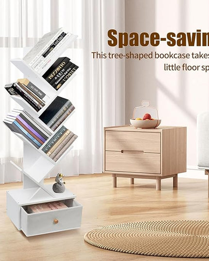 8-Tier Bookshelf Tree Bookshelf Book Tree with Drawer Wooden Bookshelves Storage Rack for CDs/Books, Shelves for Bedroom, Living Room & Office (White) - LeafyLoom
