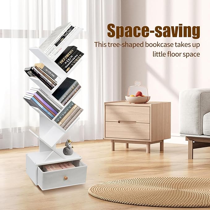 8-Tier Bookshelf Tree Bookshelf Book Tree with Drawer Wooden Bookshelves Storage Rack for CDs/Books, Shelves for Bedroom, Living Room & Office (White) - LeafyLoom