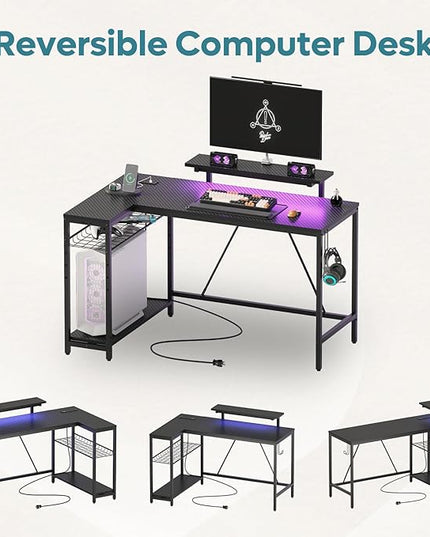 Bestier 52 Led Gaming Desk with Power Outlet & USB Ports,Small L Shaped Computer Desk with Headset Hooks,Corner Desk for Home Office Carbon Fiber Black - LeafyLoom