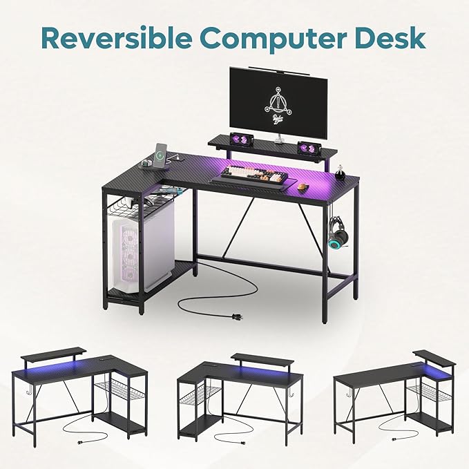 Bestier 52 Led Gaming Desk with Power Outlet & USB Ports,Small L Shaped Computer Desk with Headset Hooks,Corner Desk for Home Office Carbon Fiber Black - LeafyLoom