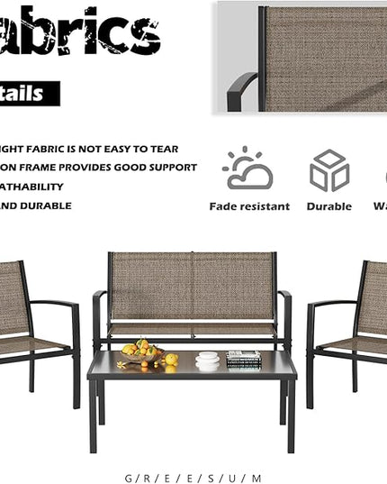 Greesum 4 Pieces Patio Furniture Set, Outdoor Conversation Sets for Patio, Lawn, Garden, Poolside with A Glass Coffee Table, Brown - LeafyLoom