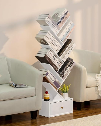 8 Tier Tree Bookshelf with Drawer, Free Standing Wood Bookcase for Living Room, Bedroom, Home Office, Space Saving Storage Organizer Bookshelves for Books, CDs, Vinyl Records- White - LeafyLoom