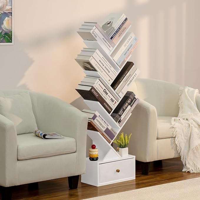 8 Tier Tree Bookshelf with Drawer, Free Standing Wood Bookcase for Living Room, Bedroom, Home Office, Space Saving Storage Organizer Bookshelves for Books, CDs, Vinyl Records- White - LeafyLoom