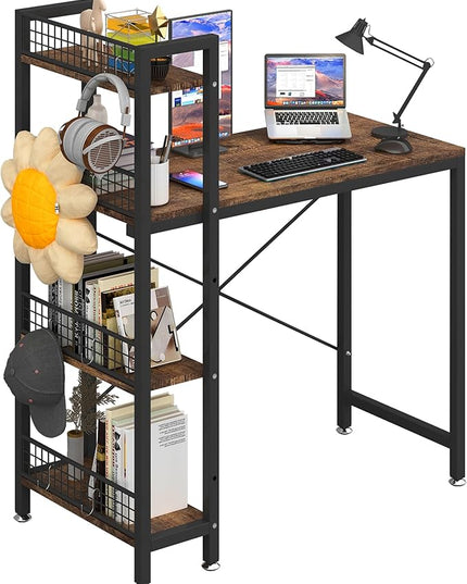 4NM 35" Small Computer Desk with 4-Tier Bookshelf and 8 Hooks, Home Office Desk Writing Workstation Study Table for Small Space Work - Rustic Brown and Black - LeafyLoom