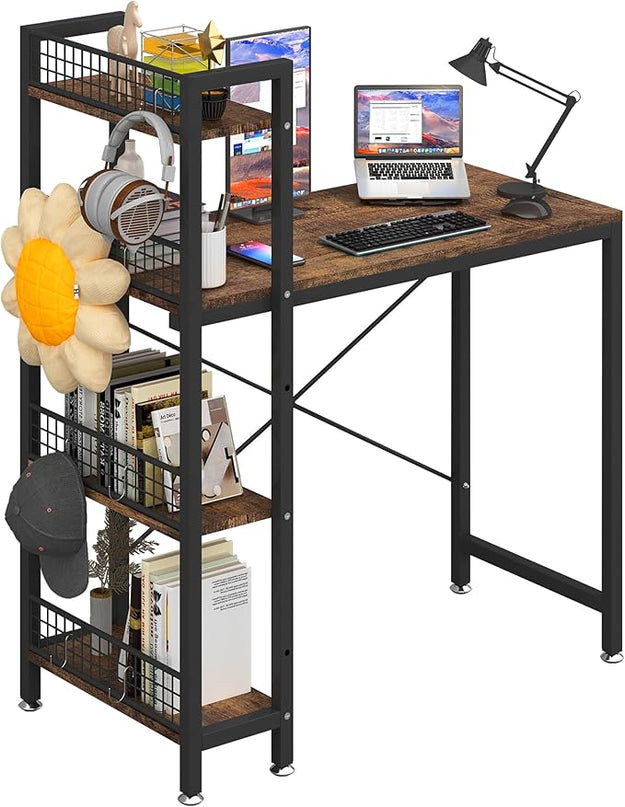 4NM 35" Small Computer Desk with 4-Tier Bookshelf and 8 Hooks, Home Office Desk Writing Workstation Study Table for Small Space Work - Rustic Brown and Black - LeafyLoom