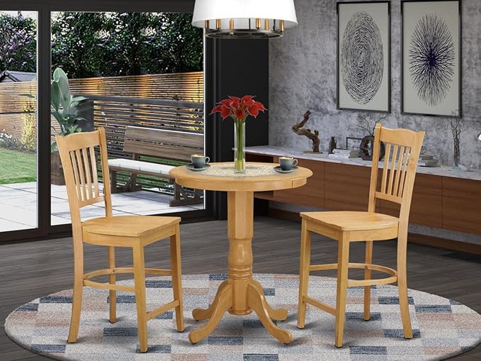 East West Furniture EDGR3-OAK-W Eden 3 Piece Kitchen Counter Height Set Contains a Round Wooden Table with Pedestal and 2 Dining Chairs, 30x30 Inch, Oak - LeafyLoom