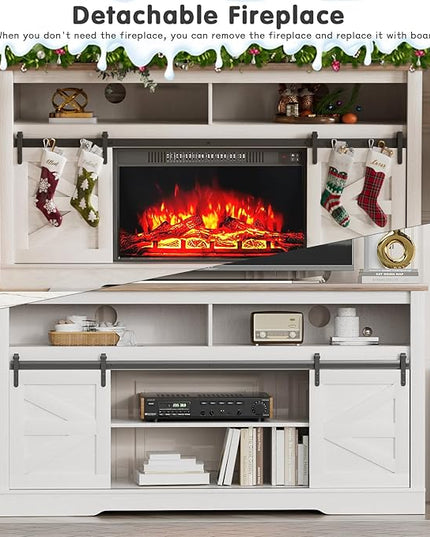 YESHOMY Fireplace TV Stand for Television up to 65+ Inch with Storage and Farmhouse Sliding Barn Doors, Entertainment Center with Cabinet and Shelves, Media Console for Living Room, White - LeafyLoom