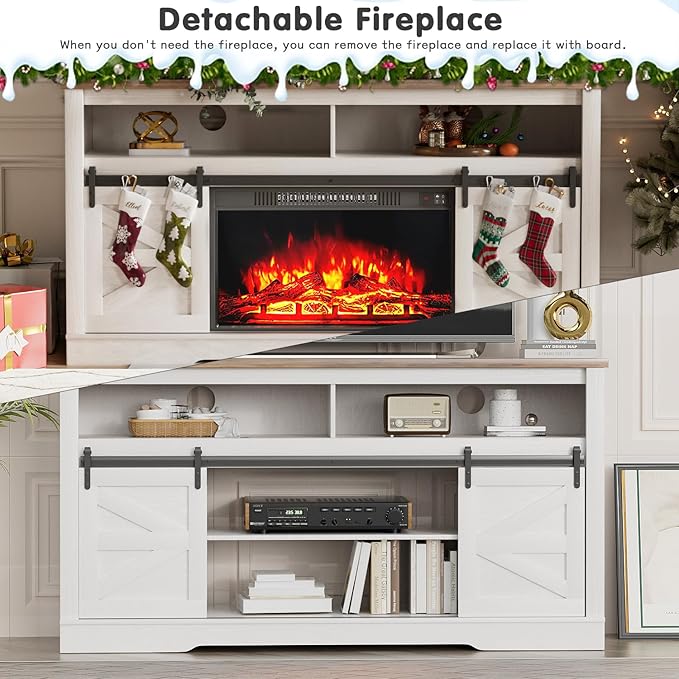 YESHOMY Fireplace TV Stand for Television up to 65+ Inch with Storage and Farmhouse Sliding Barn Doors, Entertainment Center with Cabinet and Shelves, Media Console for Living Room, White - LeafyLoom