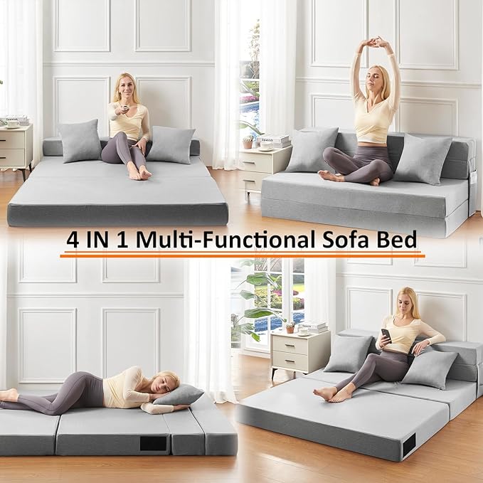 Single Size Folding Sofa Bed - Convertible Floor Sofa with Two Large Pockets - Foldable Memory Foam Sleeper for Guest Sleepovers/Game Rooms/Family Gatherings/Lofts(Light Grey) - LeafyLoom