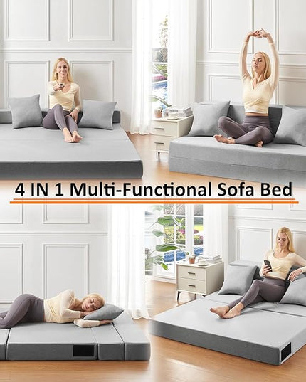 Twin Size Folding Sofa Bed - 4 in 1 Futon Couch with Pillow - High Density Memory Foam Futon Chair- Sofa cama twin with Washable Modern Linen Cover for Living Room (Light Grey) - LeafyLoom