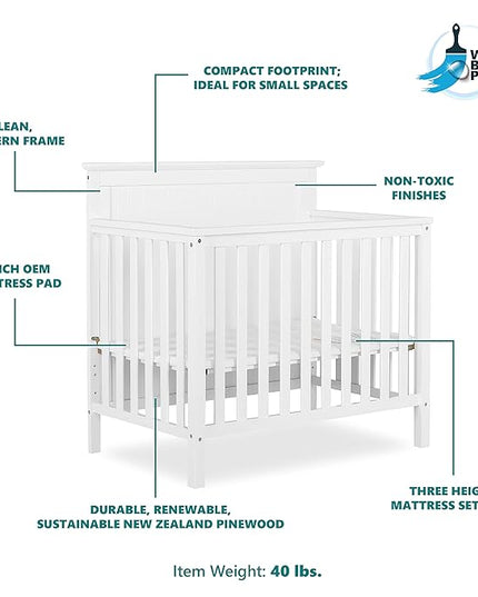 Ava 4-in-1 Convertible Mini Crib in White, Greenguard Gold Certified, Non-Toxic Finish, Comes with 1" Mattress Pad, with 3 Mattress Height Settings - LeafyLoom