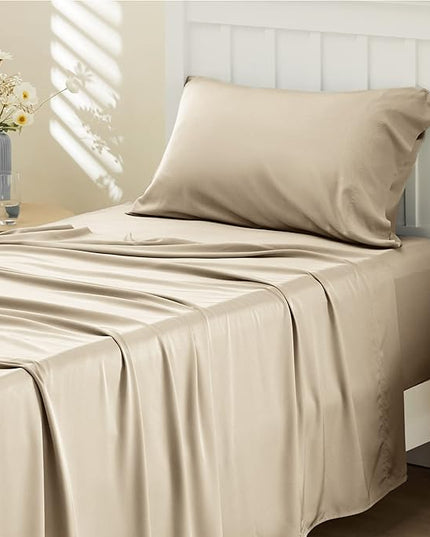 Bedsure Twin Sheets Set, Cooling Sheets Twin Size Bed Set, Rayon Derived from Bamboo, Twin Size Sheets, Breathable & Soft Bed Sheets, Hotel Luxury Silky Bedding Sheets & Pillowcases, Beige - LeafyLoom