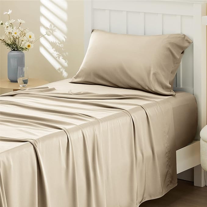 Bedsure Twin Sheets Set, Cooling Sheets Twin Size Bed Set, Rayon Derived from Bamboo, Twin Size Sheets, Breathable & Soft Bed Sheets, Hotel Luxury Silky Bedding Sheets & Pillowcases, Beige - LeafyLoom