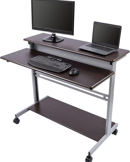 Stand Up Desk Store Rolling Adjustable Height Two Tier Standing Desk Computer Workstation (Silver Frame/Dark Walnut Top, 48" Wide) - LeafyLoom