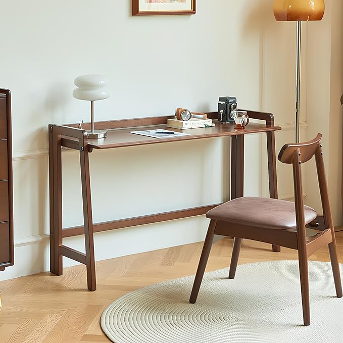 Computer Desk, Foldable Desk, Home Office Desks, Solid Wood Writing Desk, Mid Century Modern Desks, Oak Study Table, Folding Desks for Small Spaces, 47.2 W x 27.6 H x 13.6 D Inches, Walnut - LeafyLoom