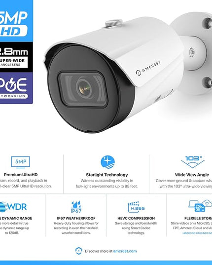 Amcrest UltraHD 5MP Outdoor POE Camera 2592 x 1944p Bullet IP Security Camera, Outdoor IP67 Waterproof, 103° Viewing Angle, 2.8mm Lens, 98.4ft Night Vision, 5-Megapixel, IP5M-B1186EW-28MM (White) Amcrest
