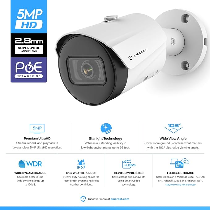 Amcrest UltraHD 5MP Outdoor POE Camera 2592 x 1944p Bullet IP Security Camera, Outdoor IP67 Waterproof, 103° Viewing Angle, 2.8mm Lens, 98.4ft Night Vision, 5-Megapixel, IP5M-B1186EW-28MM (White) Amcrest