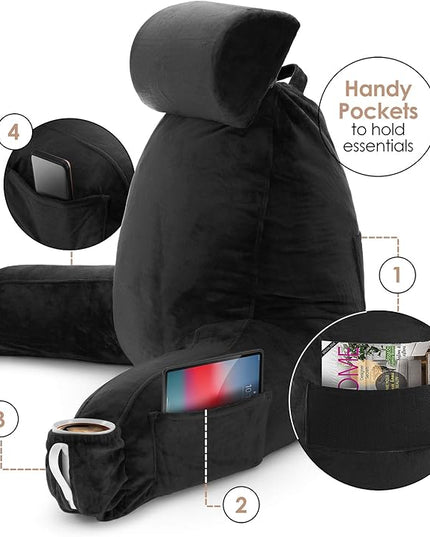 Nestl Reading Pillow with Portable Laptop Lap Desk, Velvet Feel Back Pillow for Sitting in Bed, Shredded Memory Foam Back Support Pillow for Bed, Bed Rest Pillow with Arms, Large - Black - LeafyLoom