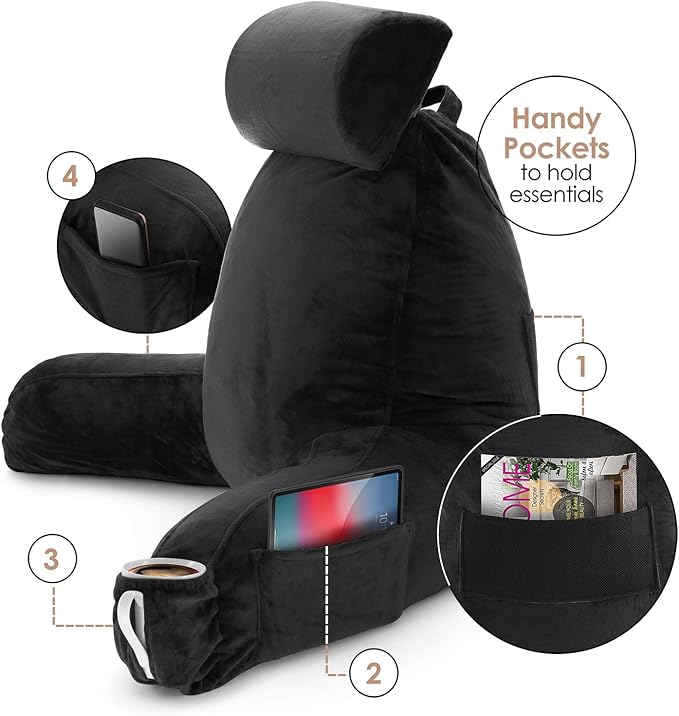 Nestl Reading Pillow with Portable Laptop Lap Desk, Velvet Feel Back Pillow for Sitting in Bed, Shredded Memory Foam Back Support Pillow for Bed, Bed Rest Pillow with Arms, Large - Black - LeafyLoom