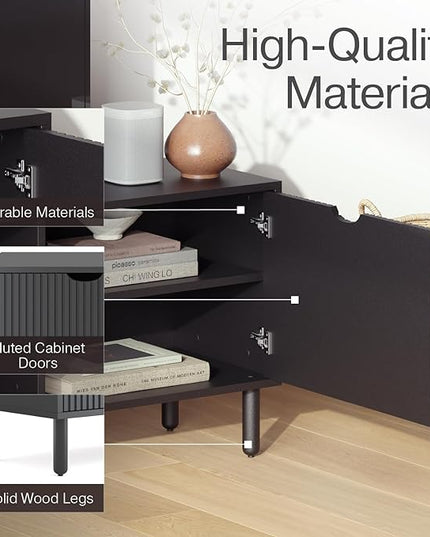 Contemporary Fluted TV Stand - Media Console - 70 Inch Entertainment Center with Storage - Console Table for Living Room and Bedrooms - Supports 32 to 80" TVs - Soft-Close Cabinet Doors (Black) - LeafyLoom