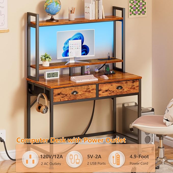 Furologee Small Computer Desk with Power Outlet and 2 Fabric Drawers, Gaming Desk with Light, Home Office Desk with Monitor Stand and Hutch for Small Space Working, Study Table with Shelf Rustic Brown - LeafyLoom