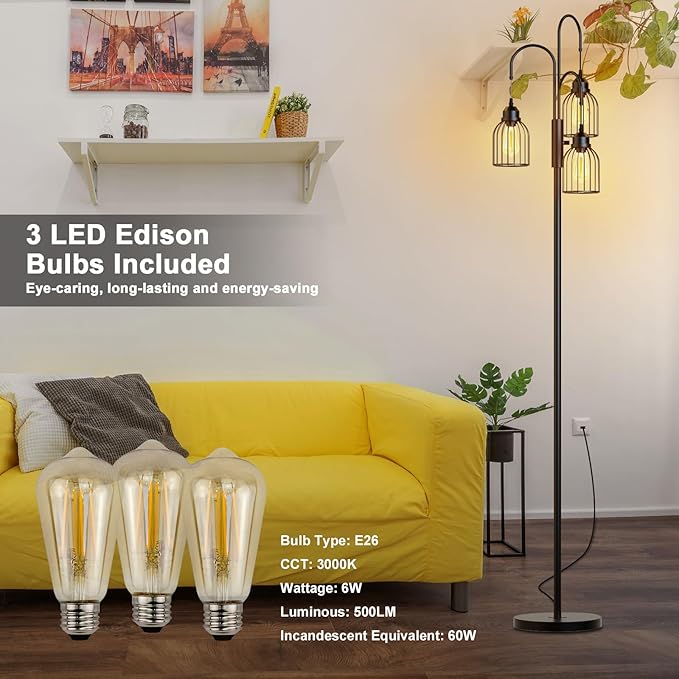 74.8" Dimmable Floor Lamp, Industrial Floor Lamp for Living Room, Farmhouse Standing Tree Lamp with 3 LED Edison Bulbs, Bright Black Vintage Pole Lamp with Cage Shade for Bedroom Home Decoration - LeafyLoom