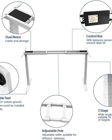 AIMEZO 71" W Standing Desk Frame, Dual Motor Electric Height Adjustable Sit Stand Desk Frame with 4 Memory Preset Button, USB Charging Port for Home Office (3 Tier Legs, White) - LeafyLoom