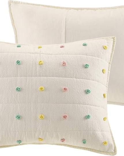 Quilt Set Cotton Jacquard Weave Colorful Poms Accent All Season Shabby Chic Bedding Coverlet Bedspred, Girls Bedroom Décor, Twin, Multi 4 Piece XL - LeafyLoom