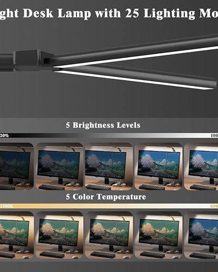 LED Desk Lamp for Home Office, 24W Bright Desk Lamp with Phone Holder Base - 25 Lighting Modes Eye-Caring Desk Light Adjustable Gooseneck Lamp for Workbench Drafting Reading Study - LeafyLoom