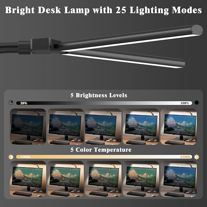 LED Desk Lamp for Home Office, 24W Bright Desk Lamp with Phone Holder Base - 25 Lighting Modes Eye-Caring Desk Light Adjustable Gooseneck Lamp for Workbench Drafting Reading Study - LeafyLoom