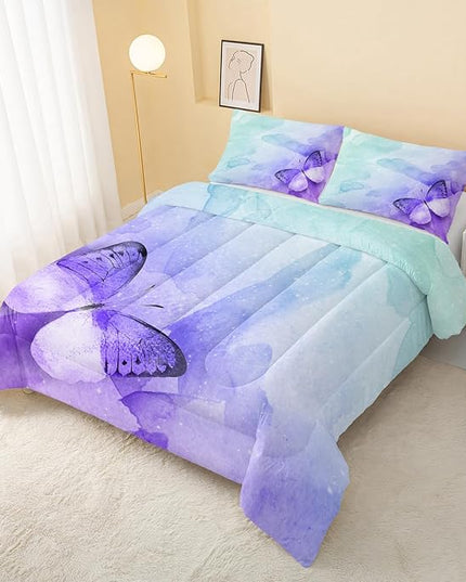 Butterfly Comforter Full Size,Watercolor Butterfly Kids Comforter Set,3Pcs Bedding Set Printed Comforter with 2 Pillowcases,Down Alternative,Soft and Lightweight,for All Seasons - LeafyLoom
