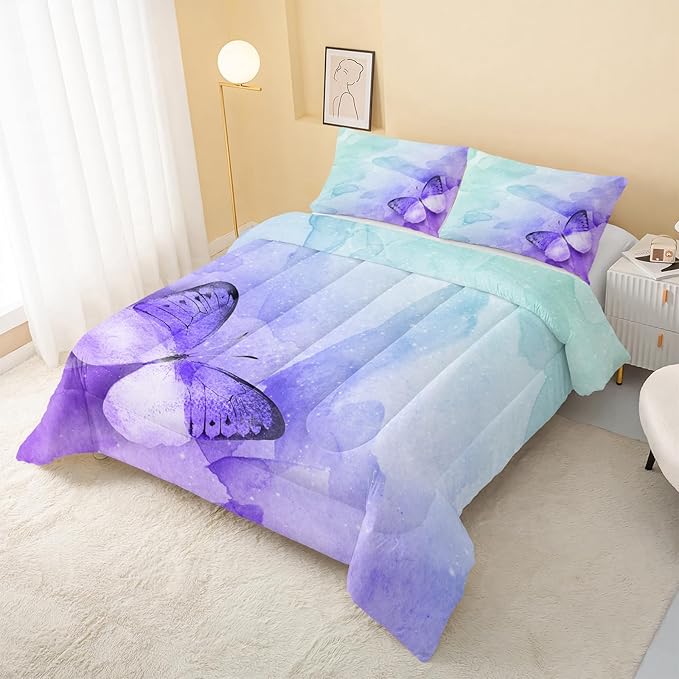 Butterfly Comforter Full Size,Watercolor Butterfly Kids Comforter Set,3Pcs Bedding Set Printed Comforter with 2 Pillowcases,Down Alternative,Soft and Lightweight,for All Seasons - LeafyLoom