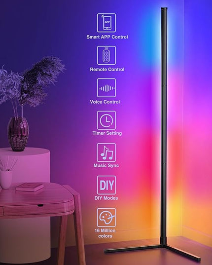 Floor Lamp, LED Corner Lamp Works with Remote Control, Modern Floor Lamp with Music Sync and 16 Million DIY Colors, Color Changing Standing Floor Lamp for Bedroom Living Room - LeafyLoom