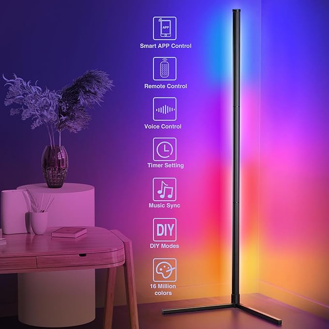 Floor Lamp, LED Corner Lamp Works with Remote Control, Modern Floor Lamp with Music Sync and 16 Million DIY Colors, Color Changing Standing Floor Lamp for Bedroom Living Room - LeafyLoom