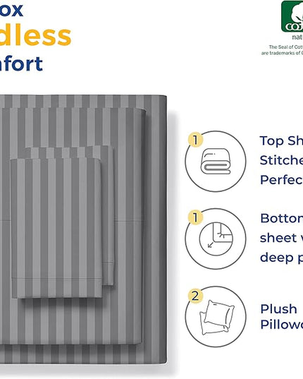 THREAD SPREAD Luxury Egyptian Cotton Queen Stripe Sheet Set, 600 Thread Count Extra Long Staple 4 PC Set, Queen Damask Sheets, Soft, Cooling Sateen Weave Sheets Upto 18" Deep Pocket - Dark Grey - LeafyLoom