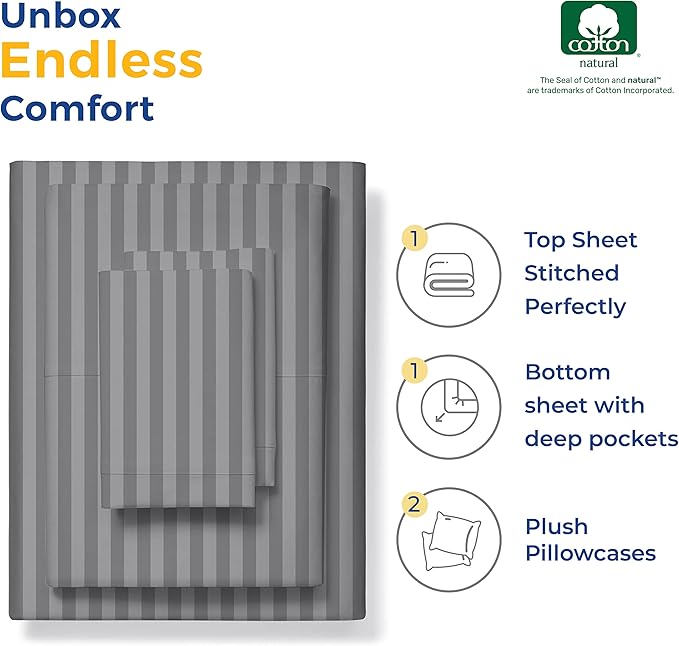 THREAD SPREAD Luxury Egyptian Cotton Queen Stripe Sheet Set, 600 Thread Count Extra Long Staple 4 PC Set, Queen Damask Sheets, Soft, Cooling Sateen Weave Sheets Upto 18" Deep Pocket - Dark Grey - LeafyLoom
