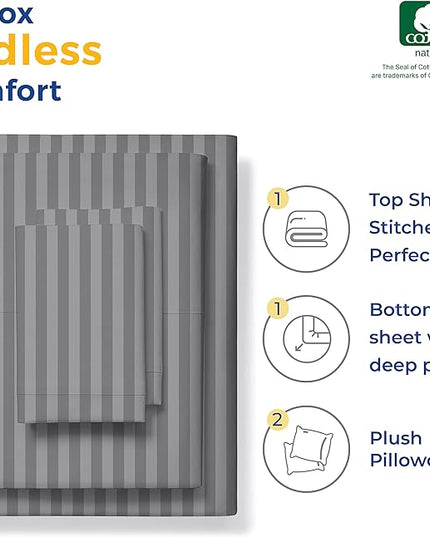 THREAD SPREAD Luxury Egyptian Cotton Full Stripe Sheet Set, 600 Thread Count Extra Long Staple 4 PC Set, Full Damask Sheets, Soft, Cooling Sateen Weave Striped Sheets Upto 18" Deep Pocket - Dark Grey - LeafyLoom