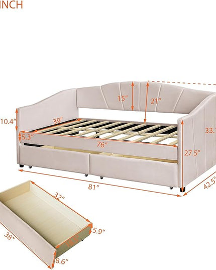Twin Size Upholstered Daybed with Two Drawers, Wood Slat Support Sofa Bed with Armrest, No Box Spring Needed, Easy to Assemble, for Studio, Bedroom, Living, Guest Room, Beige - LeafyLoom